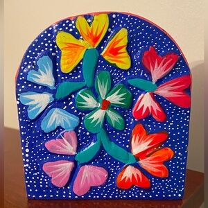Hand Carved Hand Painted Wooden Napkin Holder Vibrant Colorful Flowers Oaxaca